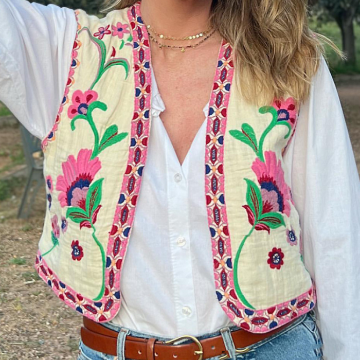 Retro Women's Floral Embroidered Ethnic Style Casual V-Neck  Sweater Vests Top