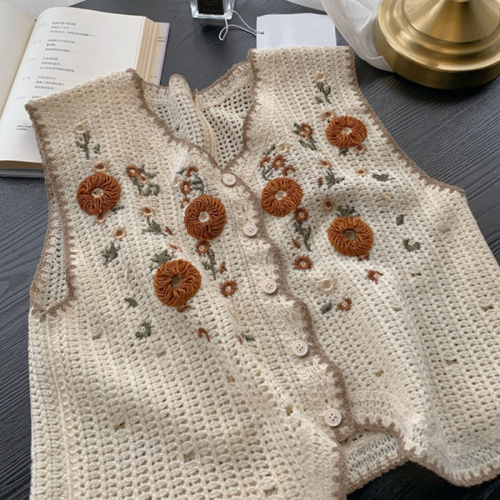 Women's Fashion Embroidered Vintage Knitted Crochet Hollow Sweater Vest Top