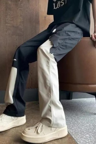 Men's Fashion Retro Contrast Color Splicing Overalls Straight Leg Pants