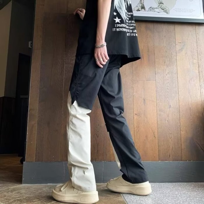 Men's Fashion Retro Contrast Color Splicing Overalls Straight Leg Pants