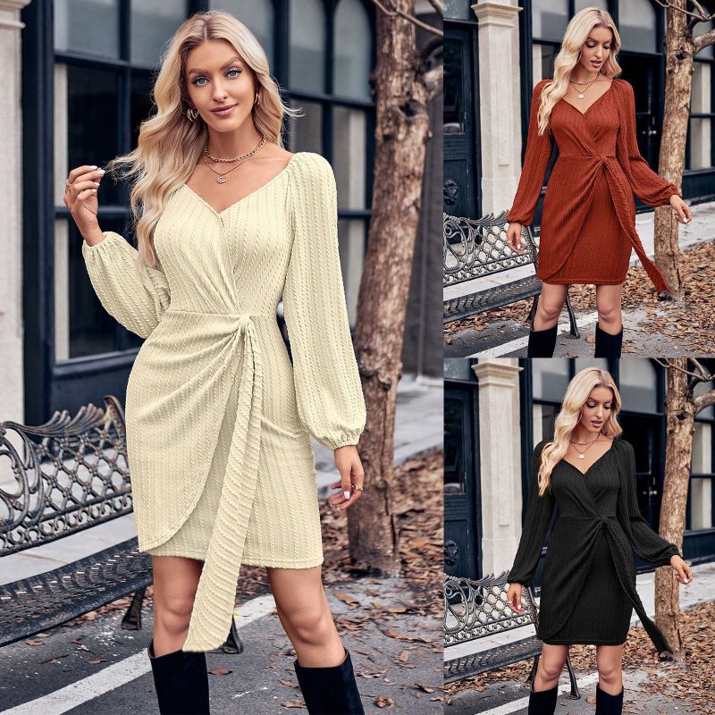Fashionable and Sexy Casual Solid Color V-neck Slim Fit Women's Waist  Mini Dress