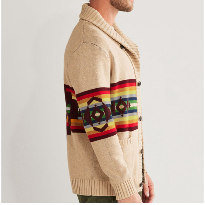 Fashion Striped Jacquard Lapel Thickened Warm Cardigan Sweater Jacket