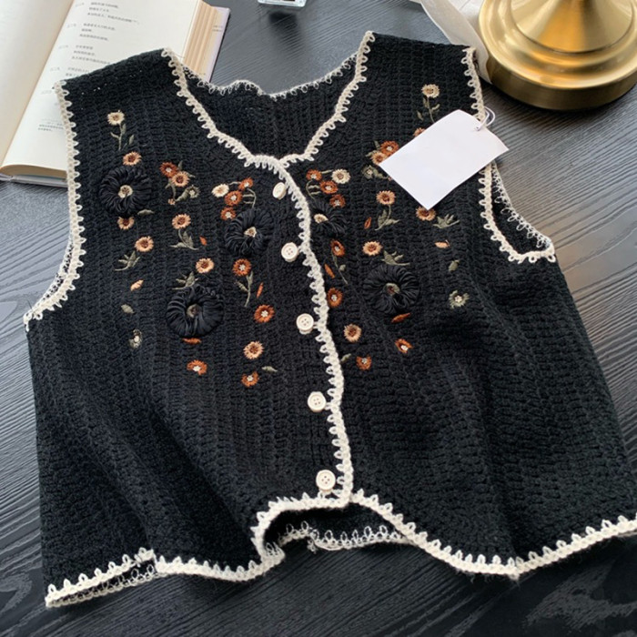 Women's Fashion Embroidered Vintage Knitted Crochet Hollow Sweater Vest Top
