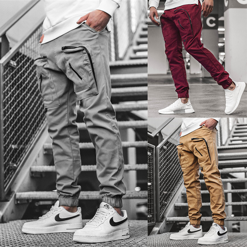 Men's Casual Jogging Pants Fashionable Paneled Zipper Cotton Cargo Pants