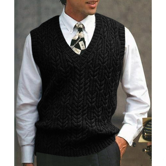 Men's Fashionable Vest Casual Sleeveless Cable V-Neck Solid Color Casua Vest