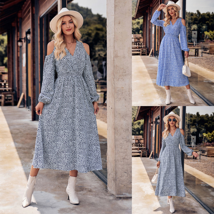 Women's Fashion V Neck Casual Off Shoulder Long Sleeve Printed Maxi Dress