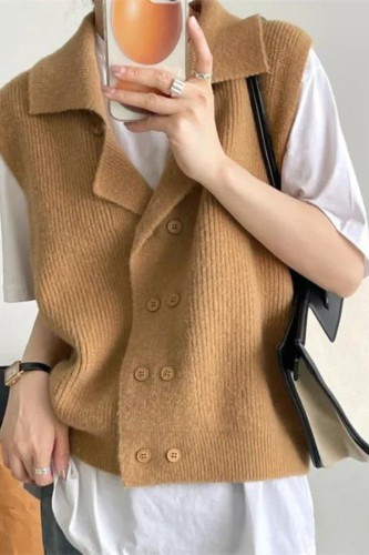 Women's Fashion Solid Color Lapel Double Breasted Knitted Vest