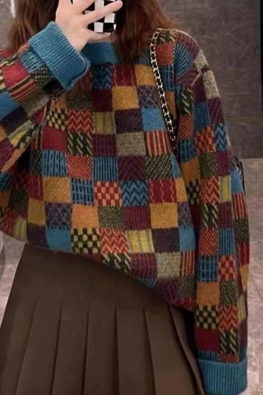 Women's Fashion Vintage Plaid Loose Retro Sweater