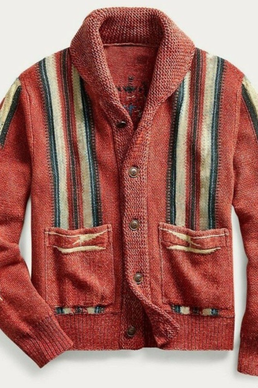 Men's Printed Knitted Long Sleeve Casual Lapel Jacket Retro Cardigan Sweater