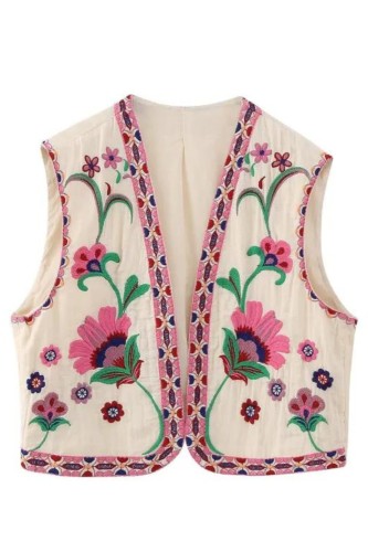 Retro Women's Floral Embroidered Ethnic Style Casual V-Neck  Sweater Vests Top
