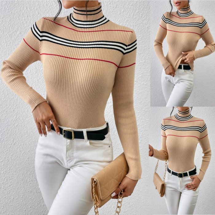 Women's Turtleneck Solid Color Striped Top Fashion Elegant Casual Sweater