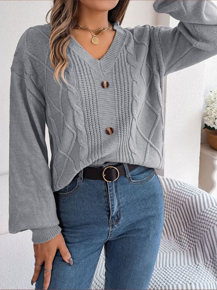 Casual Loose Twists Knit Pullover Solid V-neck Button Full Lantern Sleeve Sweater