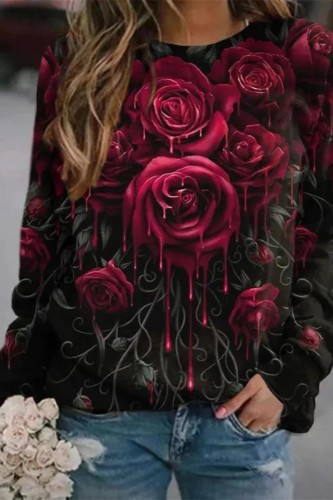 Women's Long Sleeve Elastic Top Rose 3d Printing High-definition Pattern Casual Sweatshirts