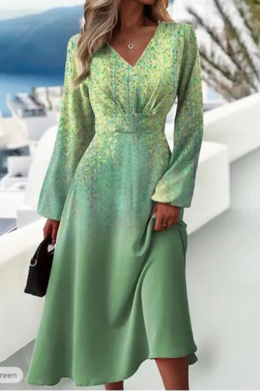 Women's Fashionable Elegant Printed V-neck Long-Sleeved Maxi Dress