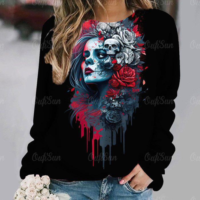 Women's Sweater 3D Skull Print Long Sleeve Retro Pullover Casual O Neck Sweatshirts