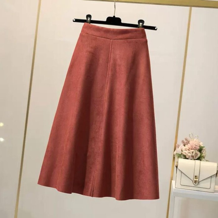 Sexy Suede Skirt High Waist Cover Hip Slim Mid-Length A-Line Umbrella Skirt