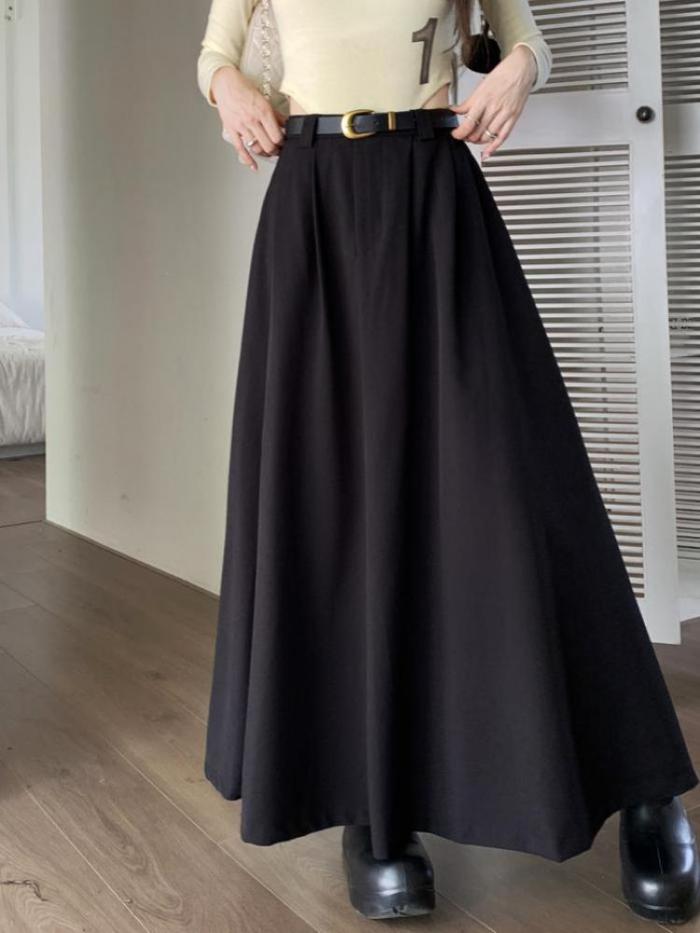Women With Belt Fashion High Waist Pleated A-line Grey Suit Skirt Female Chic
