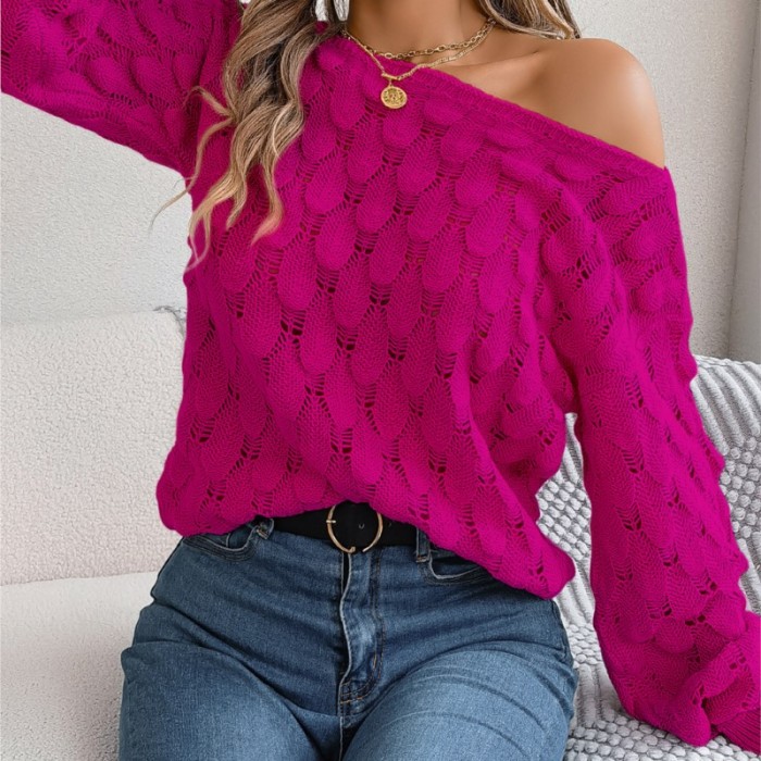 Woman Leisure Feather Hollow Out One Line Neck Off Shoulder  Loose Fashion Sweater