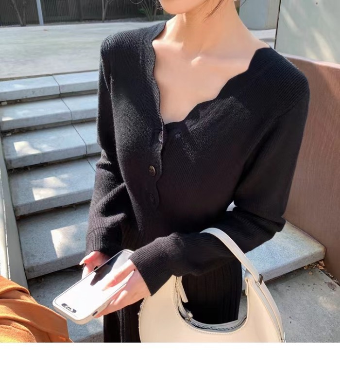 Women's Casual Fashion Knitted Flare Swing V-Neck Elegant Sweater Midi Dress