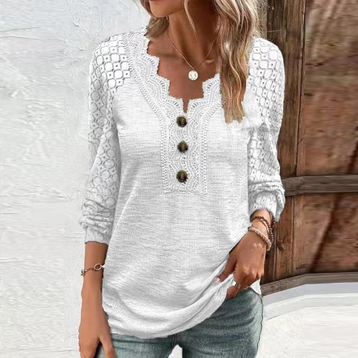 Women Solid V Neck Lace Patchwork Button Long Sleeve Casual Loose T Shirts
