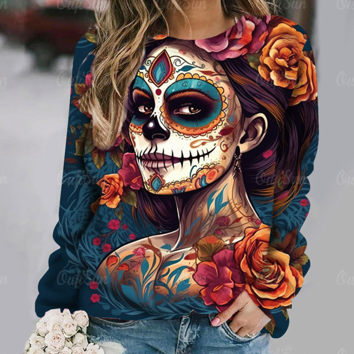 Women's Sweater 3D Skull Print Long Sleeve Retro Pullover Casual O Neck Sweatshirts