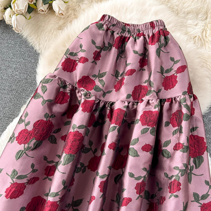 Vintage Jacquard  Aesthetic Floral Elegant A Line High Waist Midi Tutu Skirt