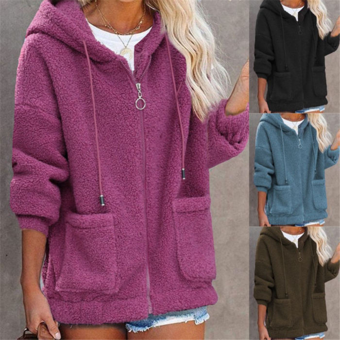 Hoodie Long Sleeve Plain Heavyweight Micro-Elasticity Loose Hooded Teddy Jacket For Women