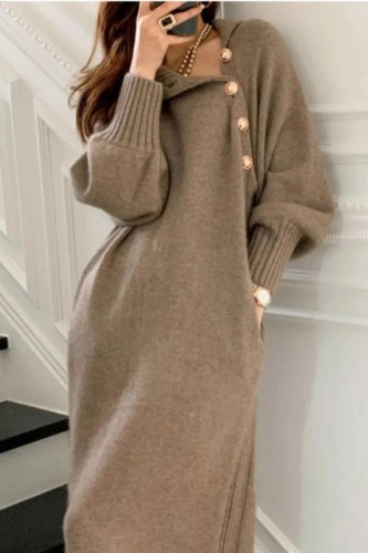 Women's Retro High Neck Fashion Casual Loose Warm Knitted Dress