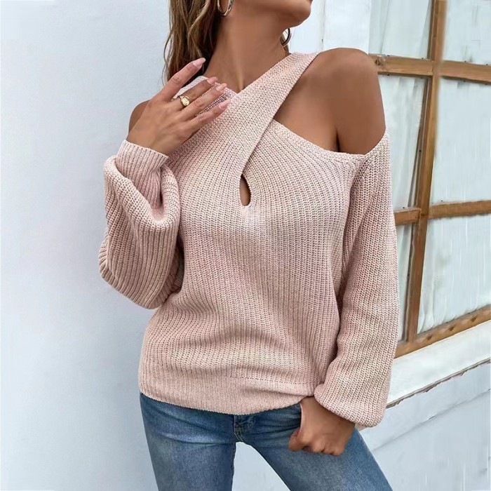 Women  Off Shoulder Long Sleeve Pullovers  O-neck Casual Sweater