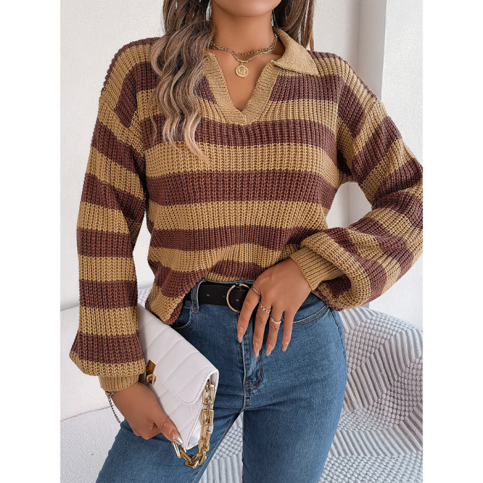 V-neck Casual Lapel Color Contrast Striped Long Sleeve Knitted Pullover Sweater Women