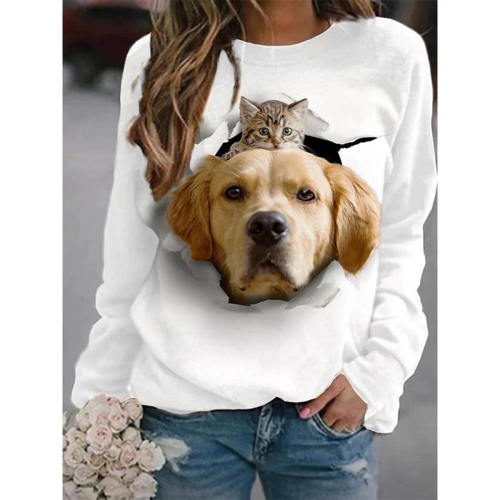 Puppy Print Women's Long Sleeve T-shirt Casual Cotton Street Clothing