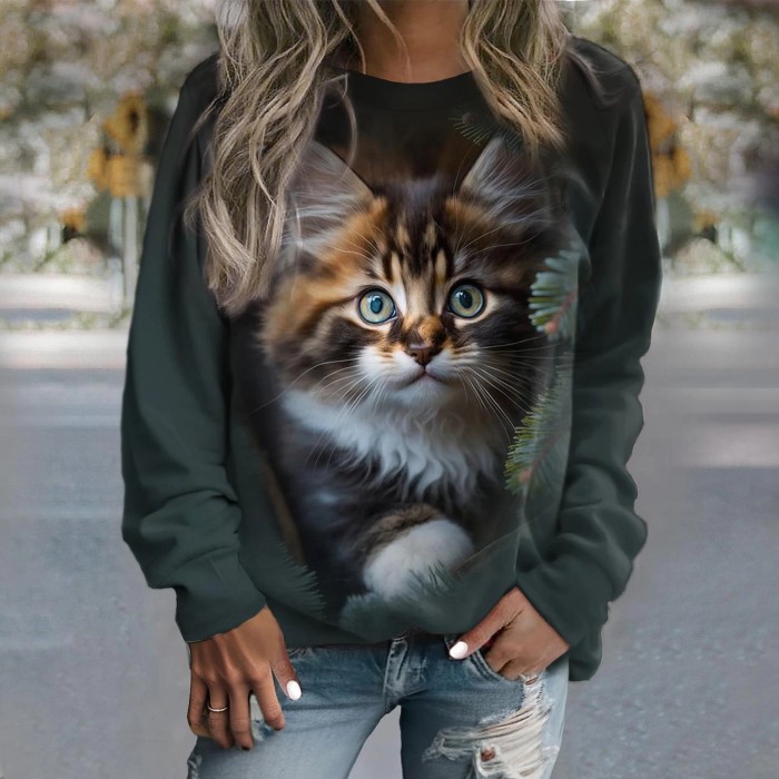 Women's Sweater PulloveFashion Kitten Print Long Sleeve Casua O-Neck Sweatershirt