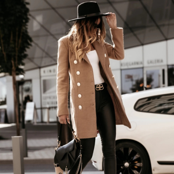 Women Coat Long-sleeved Suit Collar Double-breasted Brunette Solid Fashion Coats