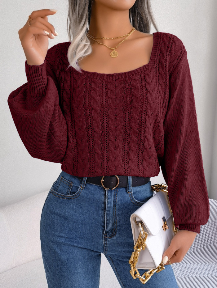 Retro Knit Sweater Women Pullover Casual Square Neck Sweater for Women Jumper Tops