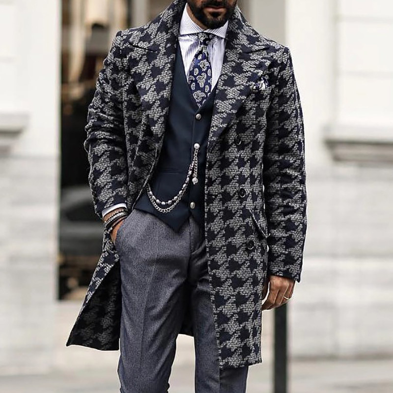 Men's Coat Mid-Length Suit Collar Fashion Printing Men's Trench Coat