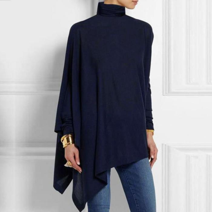Women's Fashionable High Neck Bat Sleeve T-Shirt Irregular Top Blouses