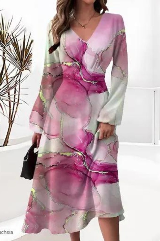 Fashionable Printed V Neck Long Sleeve Party Loose Elegant Women's Dress