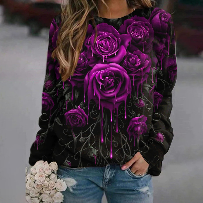 Women's Long Sleeve Elastic Top Rose 3d Printing High-definition Pattern Casual Sweatshirts