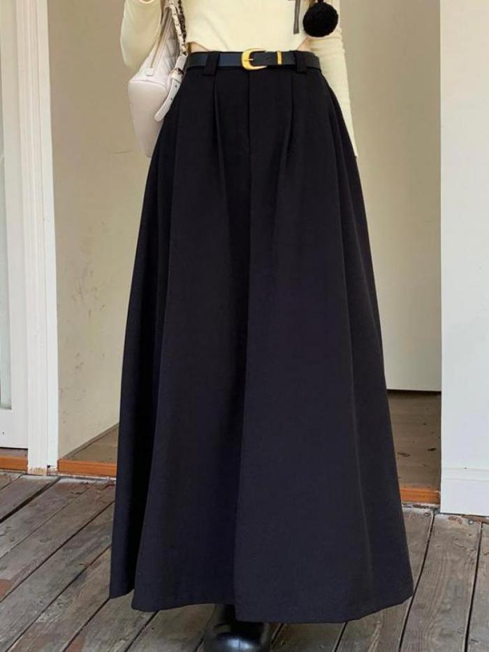 Women With Belt Fashion High Waist Pleated A-line Grey Suit Skirt Female Chic
