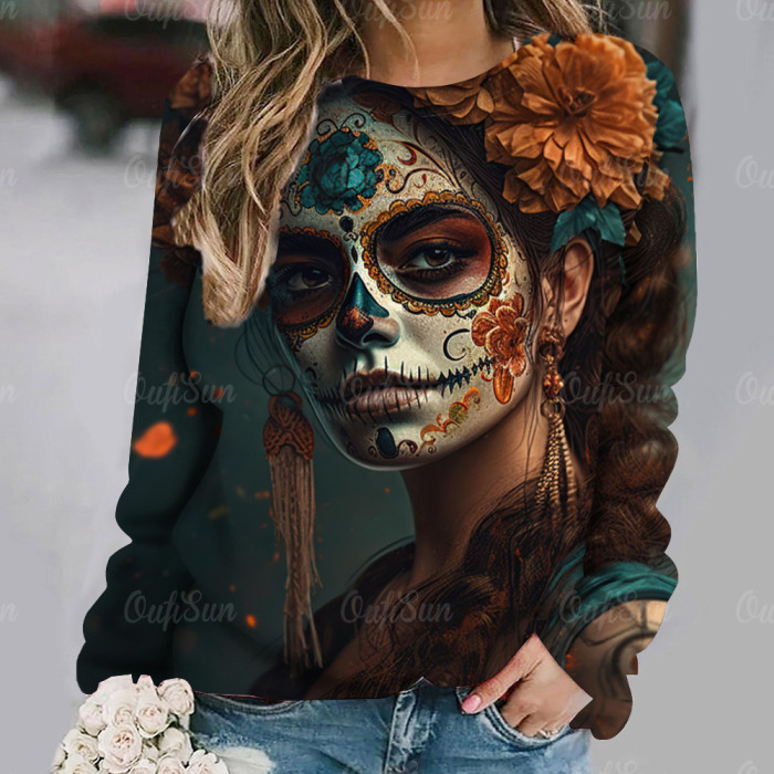 Women's Sweater 3D Skull Print Long Sleeve Retro Pullover Casual O Neck Sweatshirts