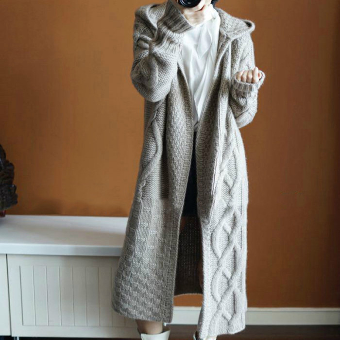 Women Sweater Midi Cardigans Knitted Jackets Loose Oversized Casual Hooded Coats