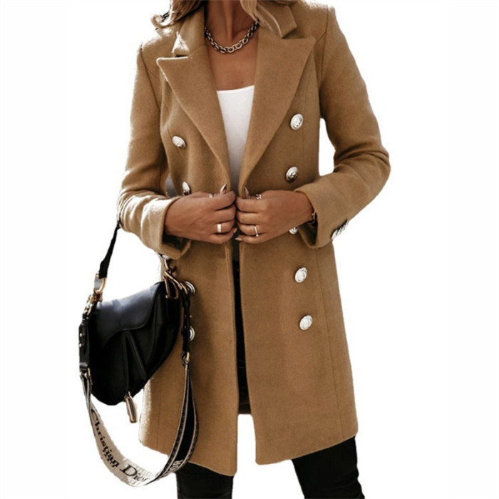 Women Coat Long-sleeved Suit Collar Double-breasted Brunette Solid Fashion Coats