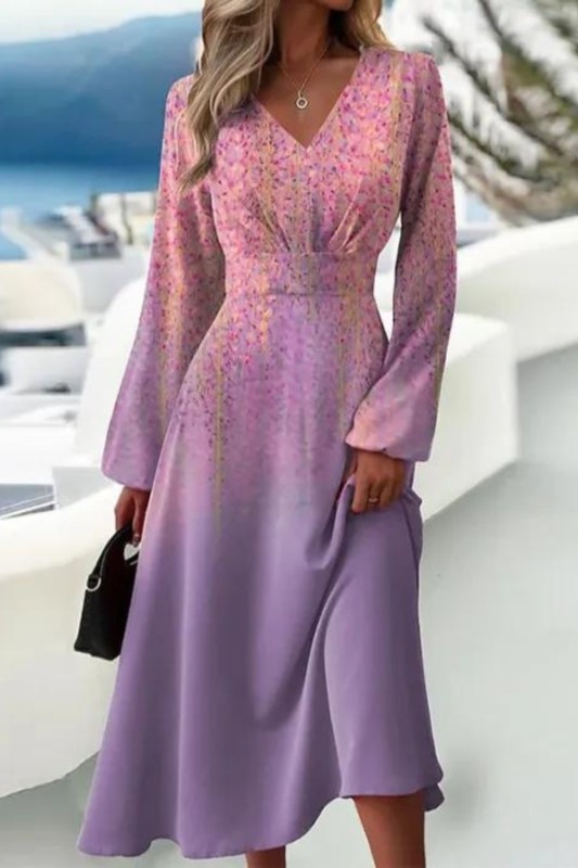 Women Autumn Winter Long Sleeve V Neck Floral Purple Elegant Party Midi Dress