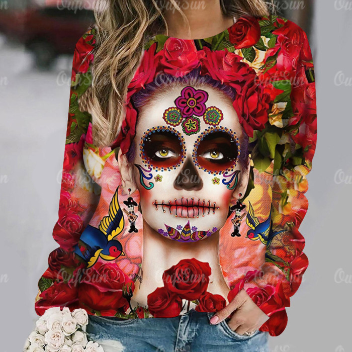 Women's Sweater 3D Skull Print Long Sleeve Retro Pullover Casual O Neck Sweatshirts