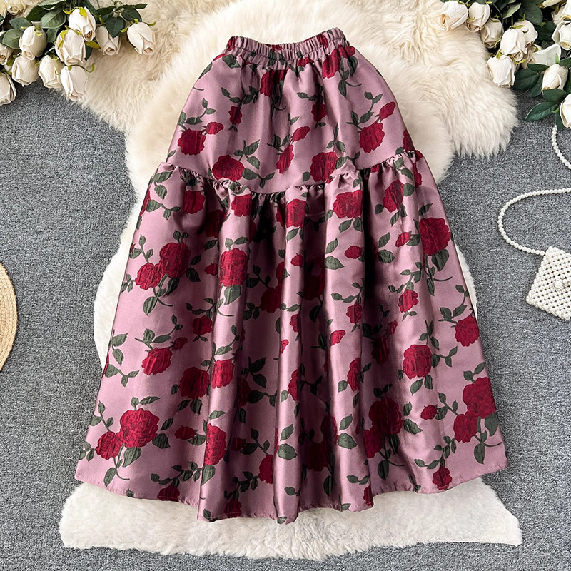 Vintage Jacquard  Aesthetic Floral Elegant A Line High Waist Midi Tutu Skirt