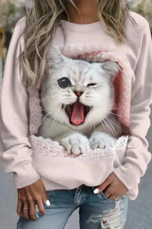 Women's Sweater PulloveFashion Kitten Print Long Sleeve Casua O-Neck Sweatershirt