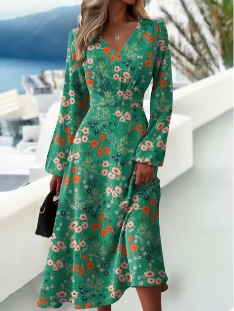 Women's Party Elegant Slim Fashion Printed V-Neck Long Sleeve  Midi Dress