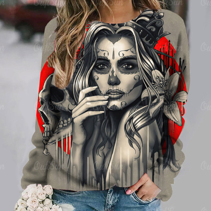 Women's Sweater 3D Skull Print Long Sleeve Retro Pullover Casual O Neck Sweatshirts