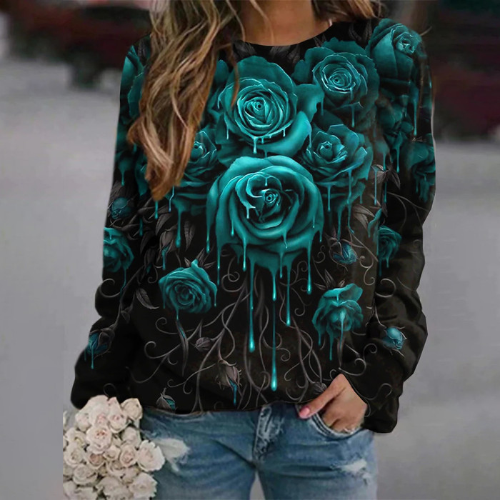 Women's Long Sleeve Elastic Top Rose 3d Printing High-definition Pattern Casual Sweatshirts