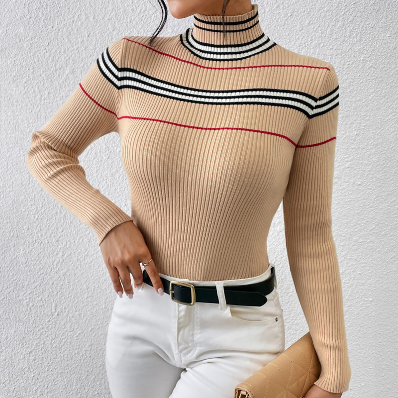 Women's Turtleneck Solid Color Striped Top Fashion Elegant Casual Sweater